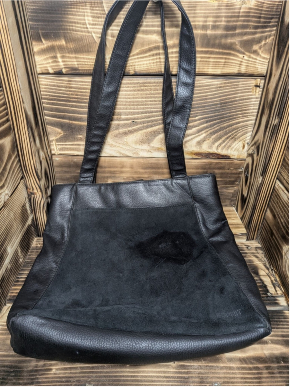 Esprit Leather Suede Tote Bag Womens Large Black Shoulder Shopper Purse Handbag